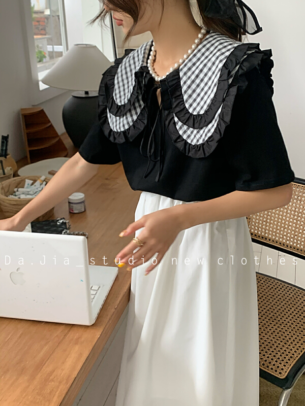 New in early summer! [Dajia] Korean version sweet baby collar stitched short sleeved shirt 22277# CLS