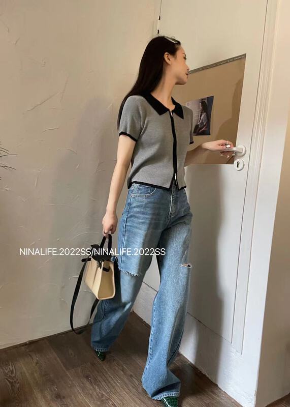 New in early summer! [Nina life] contrast fashion slim fit sweater 22168# zxl
