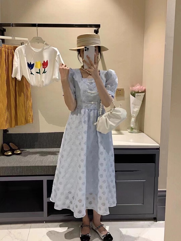 [twins] French Chinese style square collar jacquard disc buckle first love bubble sleeve dress 8858# hjy