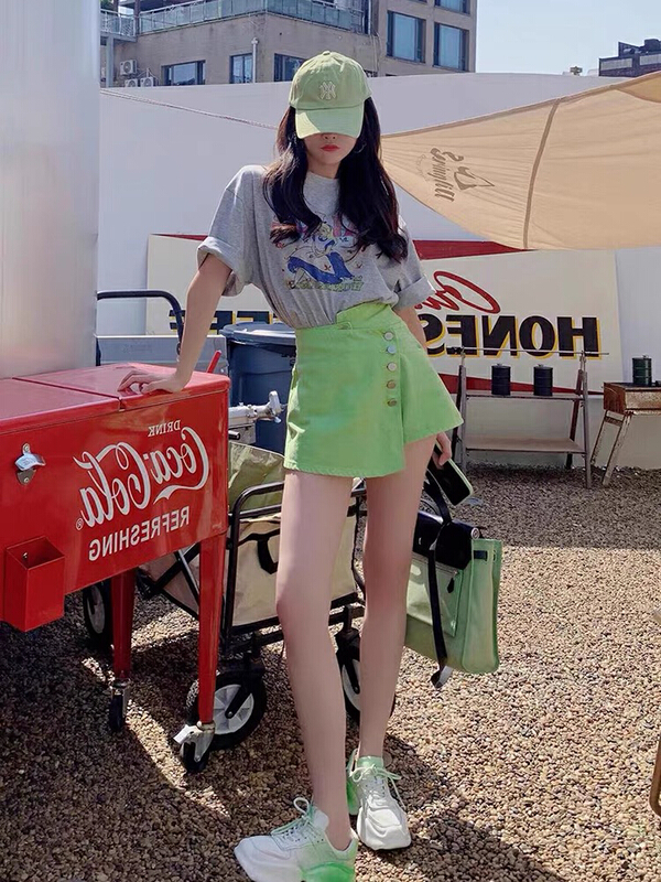 [JH] net red cartoon pattern cotton T-shirt + wash jeans skirt and Pants Set 41720# PCZ