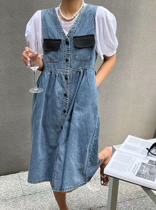 [Za] Vintage bubble sleeve loose T-shirt + contrast false pocket button denim skirt set 18337# LSL