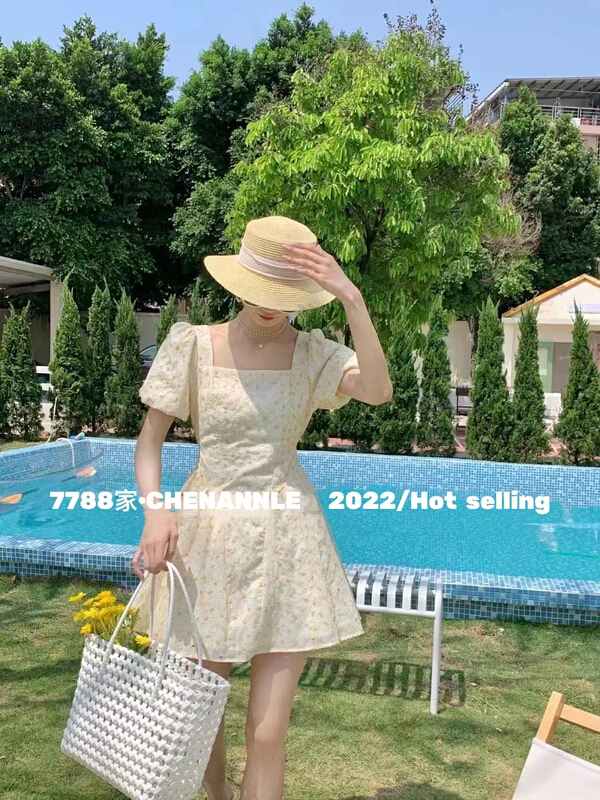[chennnle] bubble sleeve floral square neck dress 9501# PCZ