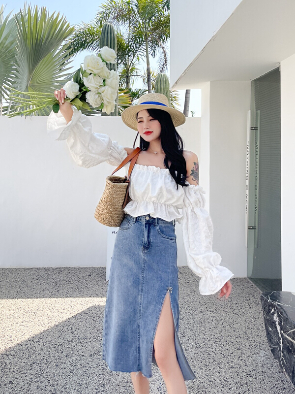 [Yinuo Yinuo denim] Korean version versatile slit denim skirt 6613# ZSY