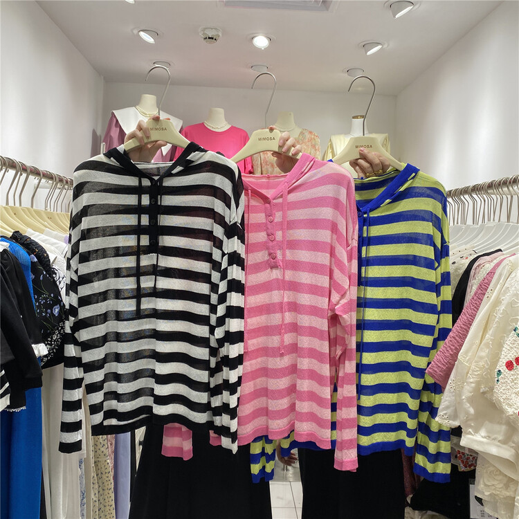 [Mimosa] Korean casual stripe hooded sunscreen shirt 9022# hjy
