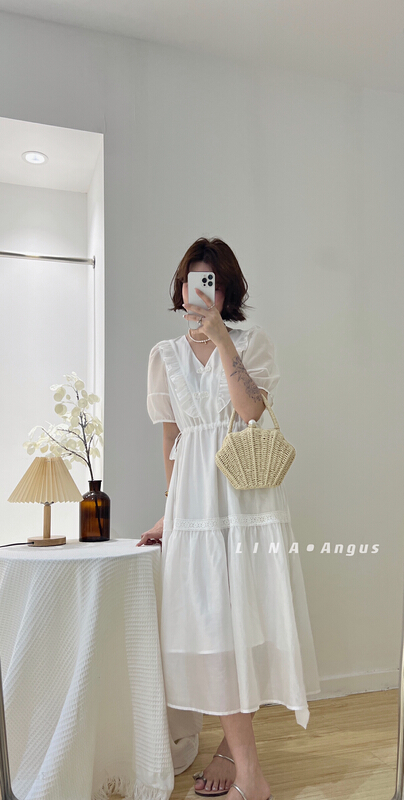 [Lina] 2022 summer new Tencel drawstring waist slimming bubble sleeve dress 0162# hjy