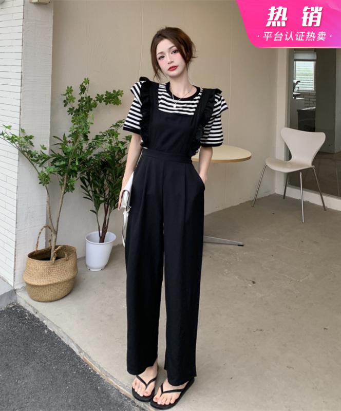 [y.jia Yijia] simple stripe short sleeved T-shirt + ear side suspender suit ys1-6770# PCZ