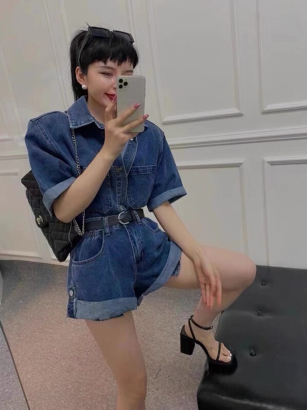 [Yong swimmer] Korean breasted jacket + high waist thin Denim Shorts Set (with belt) 050# WTT