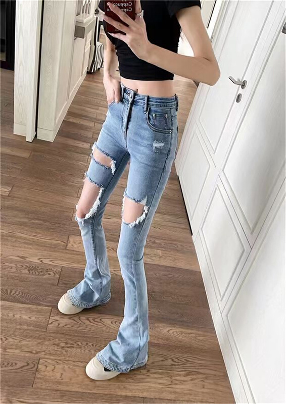 [Xiaoyan's family] high waist micro horn pierced jeans 8189# XYJ