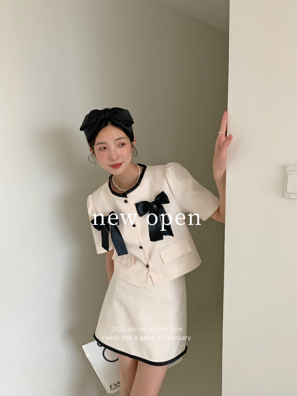 In early summer! [new open] small fragrance bow short coat + Lace splicing skirt set mz22603\zxl