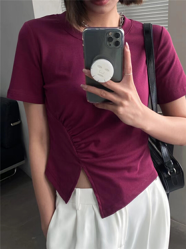 [black + white] round neck irregular hem short sleeve T-shirt 2s02697m# hyy