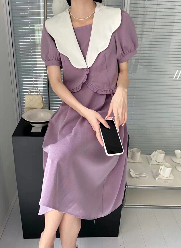 初夏上新!【JH】韓系拼色翻領小衫+收腰吊帶裙兩件套裝  41482#  PCZ
