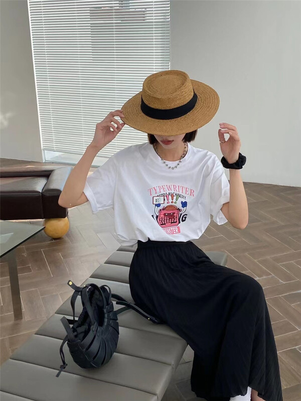 [black + white] cartoon typewriter printed short sleeve T-shirt 2s02867m# lwy