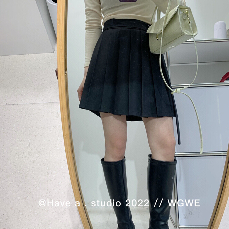 [wgwe] college style versatile high waist A-shaped thin ribbon pleated skirt 1138# PCZ