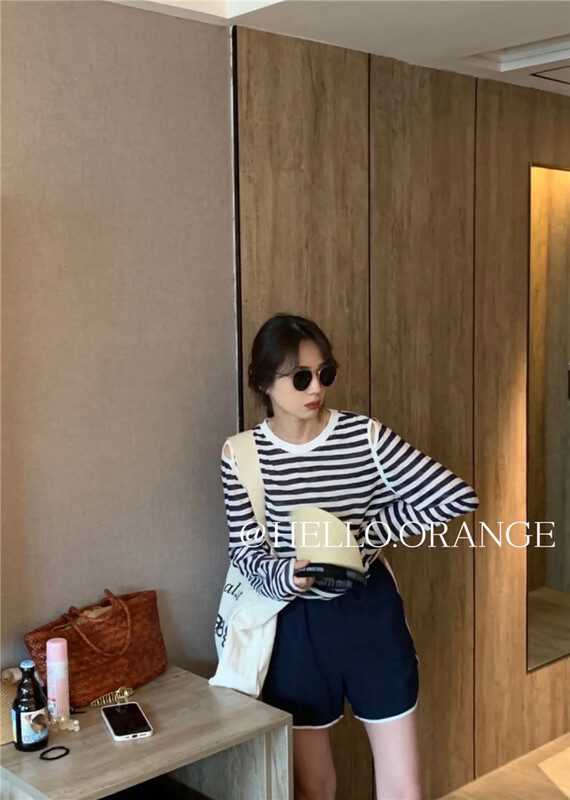 [orange] Korean round neck stripe long sleeve T-shirt + contrast lace up casual Shorts Set 8850# HBx