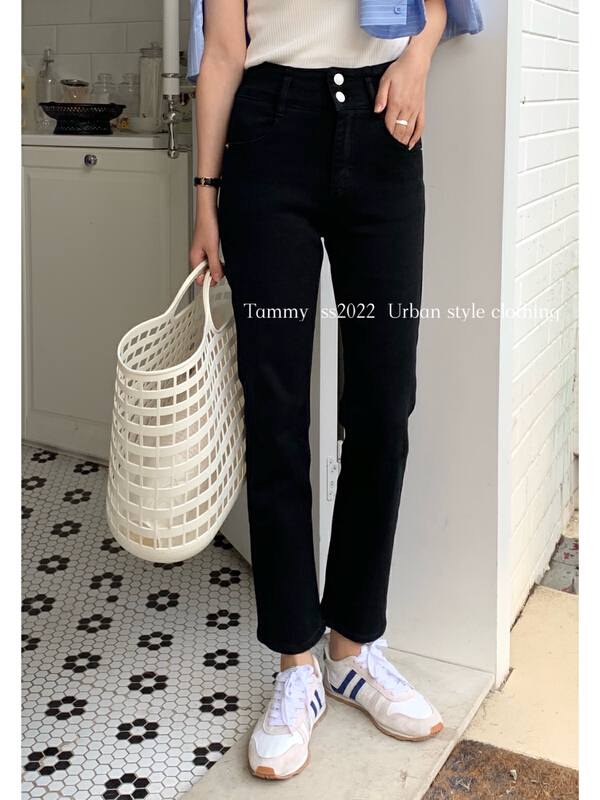 [Tammy] holiday double button small foot simple urban commuter jeans 50879# L