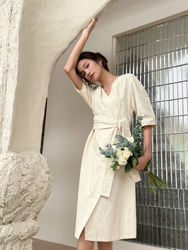 [context sense] one piece bandage waist closed open back big brand European and American style dress (with belt) tts1115# CLS