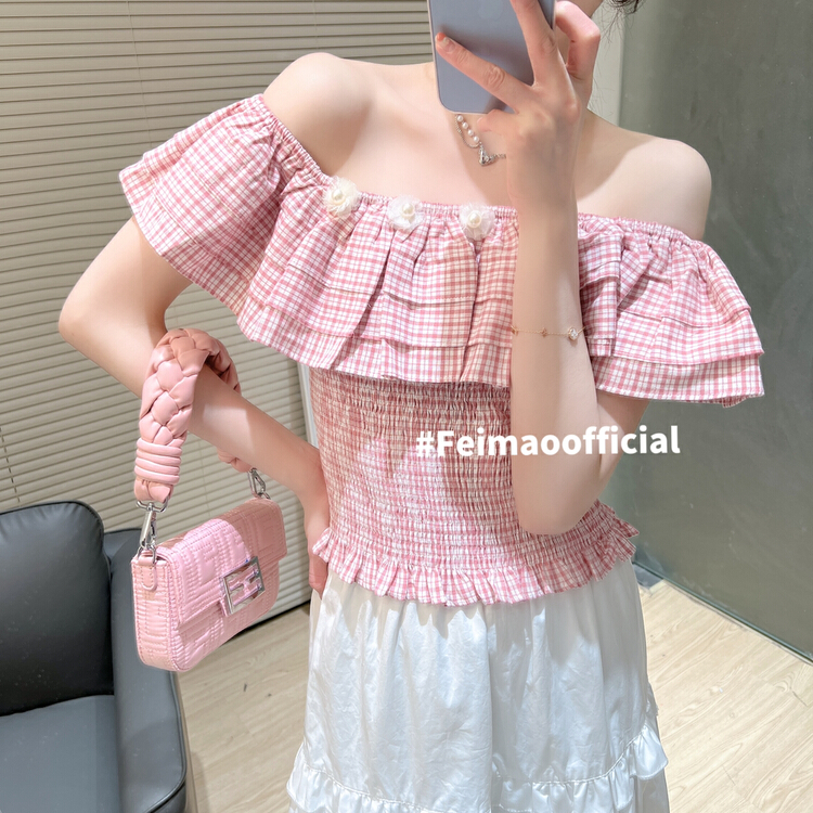 goods in stock! New in early summer! [Feimao Philippine cat] fashionable off shoulder Plaid blouse ym-7187# LSL