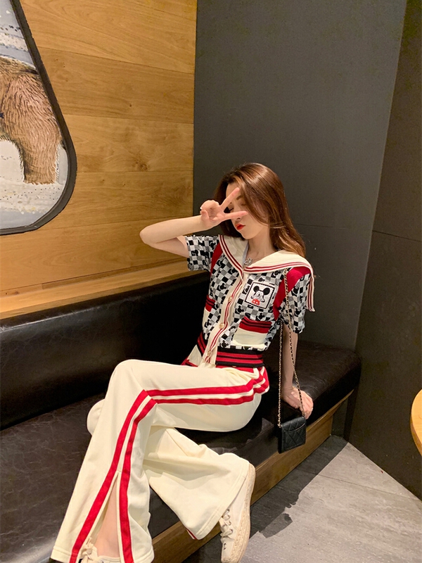 [pan] contrast Navy collar stripe Mickey cartoon jacquard sweet knitted cardigan 00516# PCZ