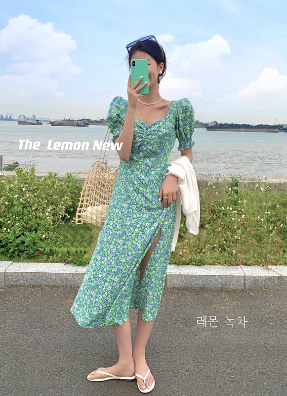 [lemon green tea] Korean slim floral dress 2162# hjy