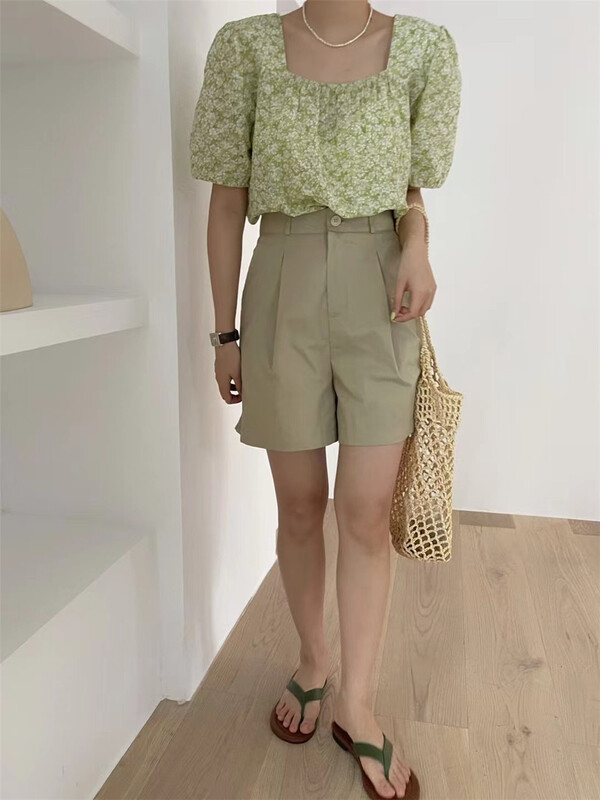[wanna] Korean floral bubble sleeve short shirt 89168# cqw