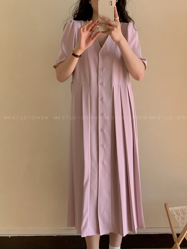 goods in stock! [MK] V-neck pleated lady dress 3220# hjy