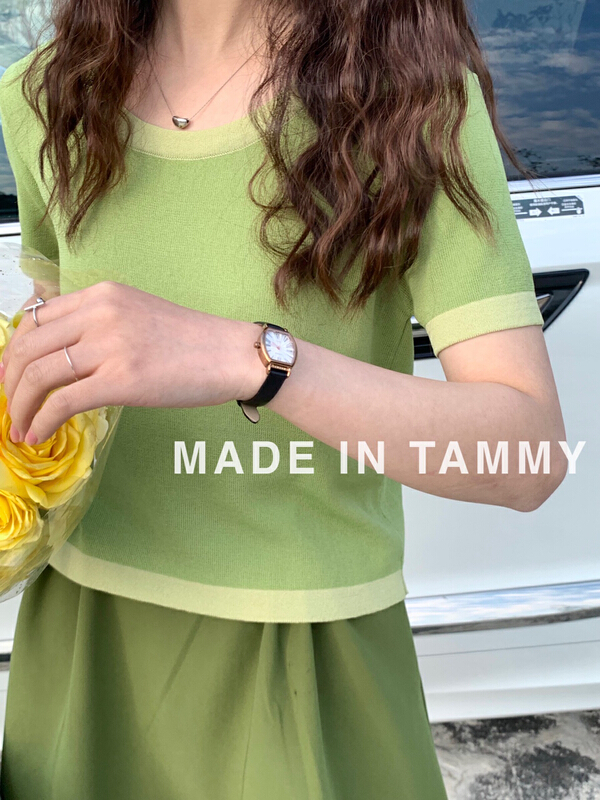 Early spring! [Tammy] contrast knit simple urban style short sleeve T-shirt 91157# L