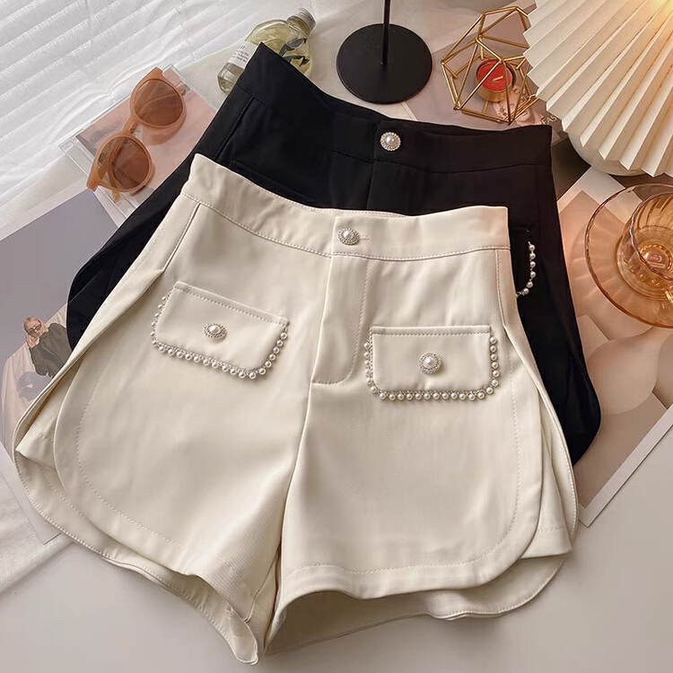 New year in early spring! [Gangan] Korean fashion versatile pearl fake pocket high waist irregular a-word casual shorts 6330# ll