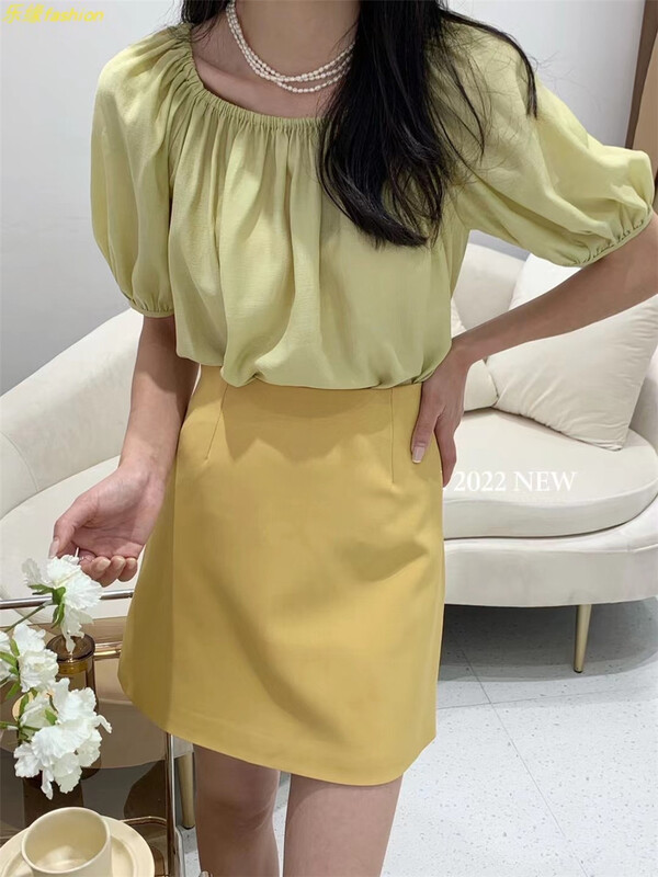 [T +] square neckline with thin pleated blouse 918# ll
