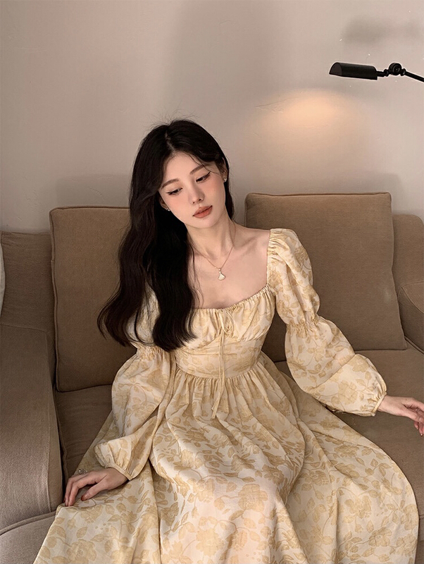 New year in early spring! [smile baby] French retro Square Neck Lace Up A-line waistband with thin Floral Chiffon Dress b2602# WPL