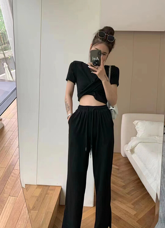 [top] Korean round neck short sleeved T-shirt + elastic waist slim casual pants set ys1-7013# zjy