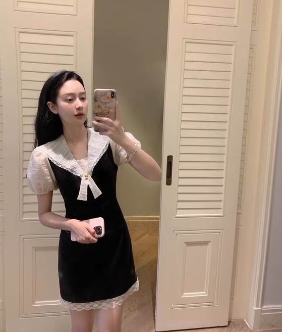 [come and see] Korean minority color matching lace bubble sleeve dress 2478# JJ
