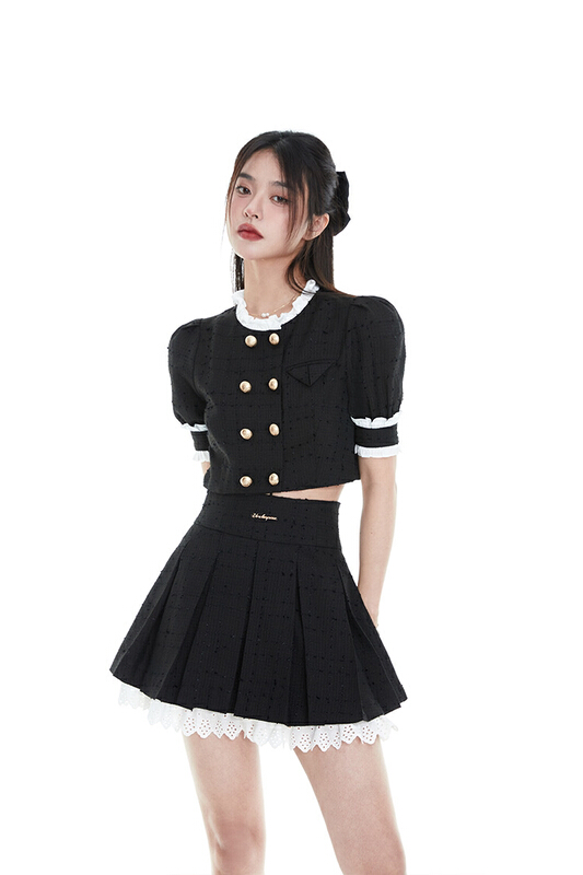 [by] Korean version pure fragrance double breasted blouse + high waist A-shaped pleated skirt set 0079# Cl