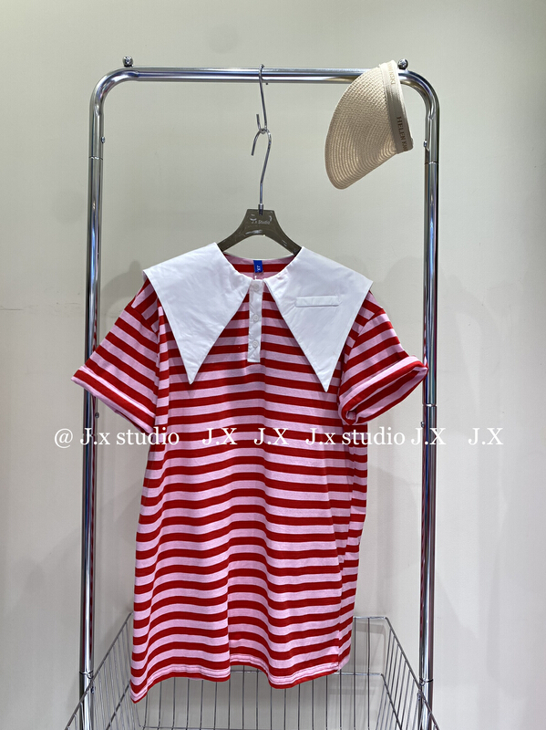 [JX] Navy Stripe medium long short sleeve T-shirt t1532# WTT