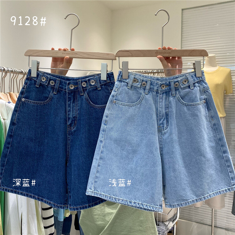 New in early summer! [fifth moon] versatile personalized multi Button Waist head Wide Leg Denim Shorts 9128# CLS