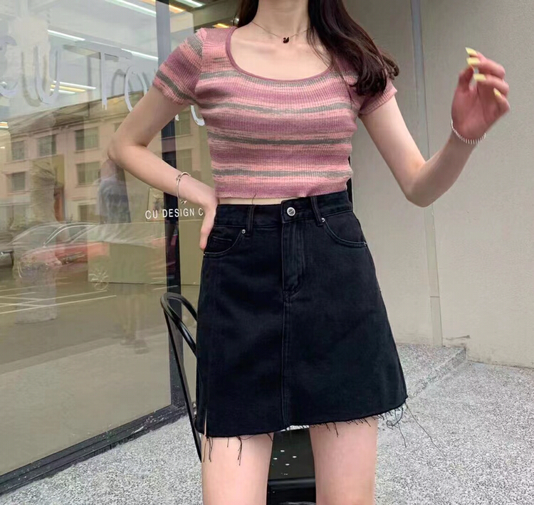 [rj1980] Korean slim fit and versatile lace slit short denim skirt 63282-2# zyh