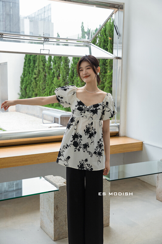 New in early summer! [es modish] small fresh print bubble sleeve short sleeve T-shirt bl1669# XYJ