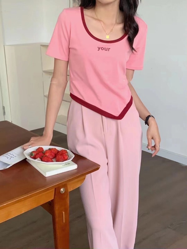 [Mao] round neck letter color matching shirt 8035# ll