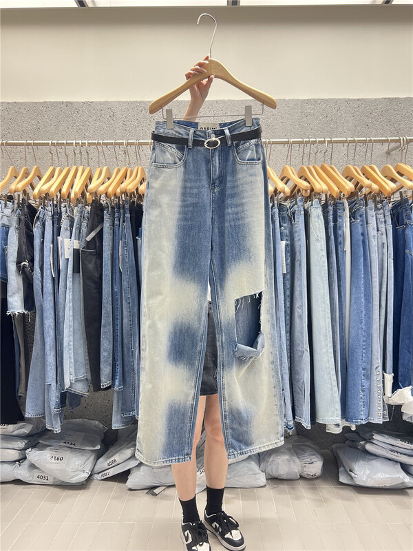 New in early summer! [X1] trendy color blocked wide leg jeans (with belt) w365# LSL