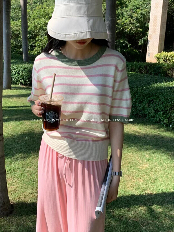 [huole] Korean color contrast stripe short sleeve T-shirt 831# WTT