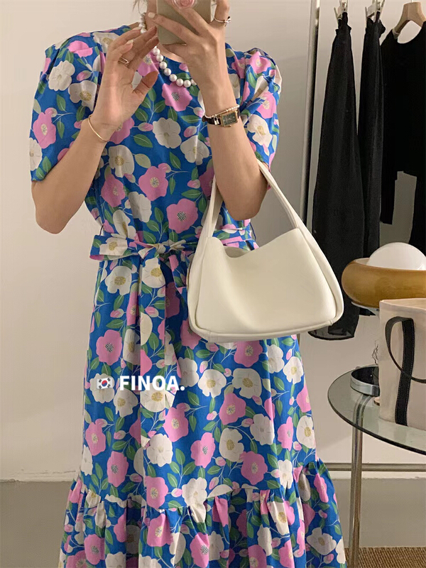 New in early summer! [finoa] Korean casual flower dress (with belt) 10371# CLS