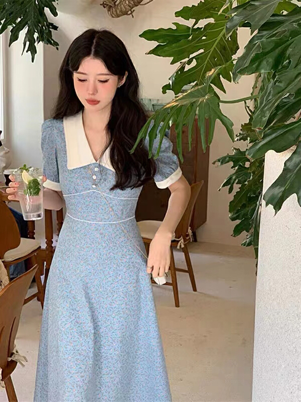 French Lapel floral slit dress 81205# zxx