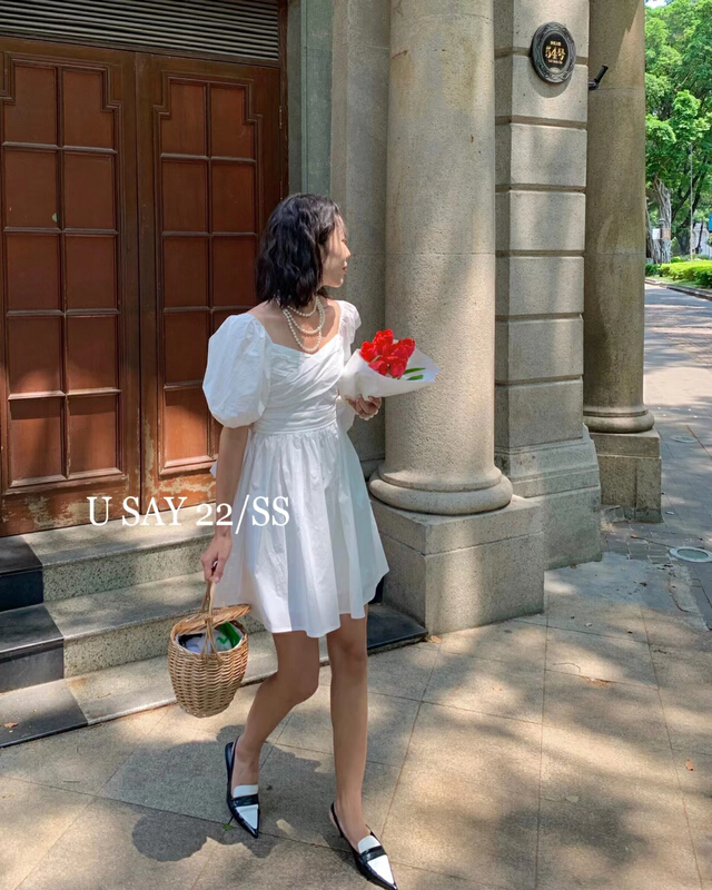 [u say] French square neck bubble sleeve design sweet tie bow dress 65891# LSL