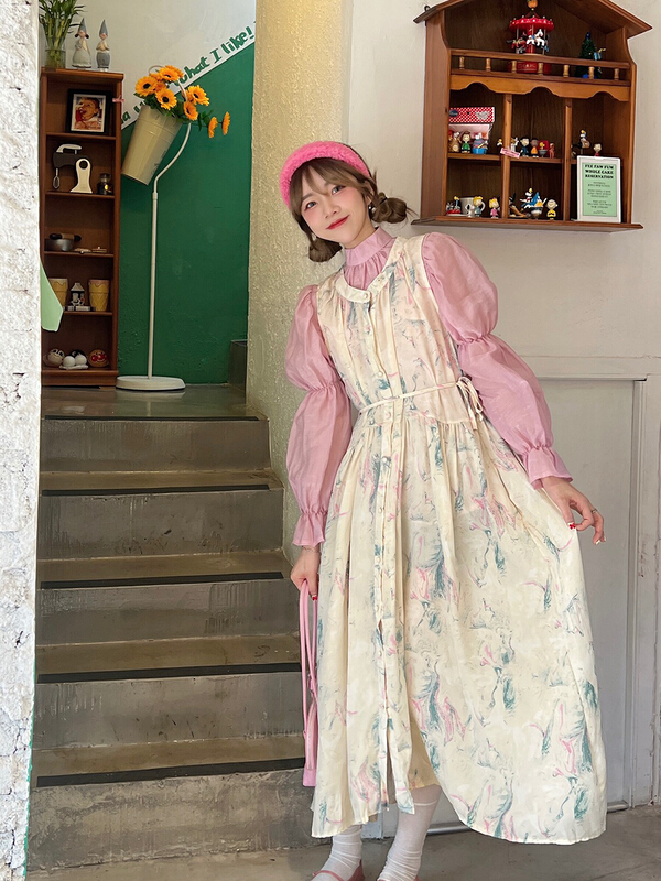 goods in stock! New year in early spring! [timely rain] Korean style French court style tie dyed waist closing dress (excluding matching) 62151# WPL