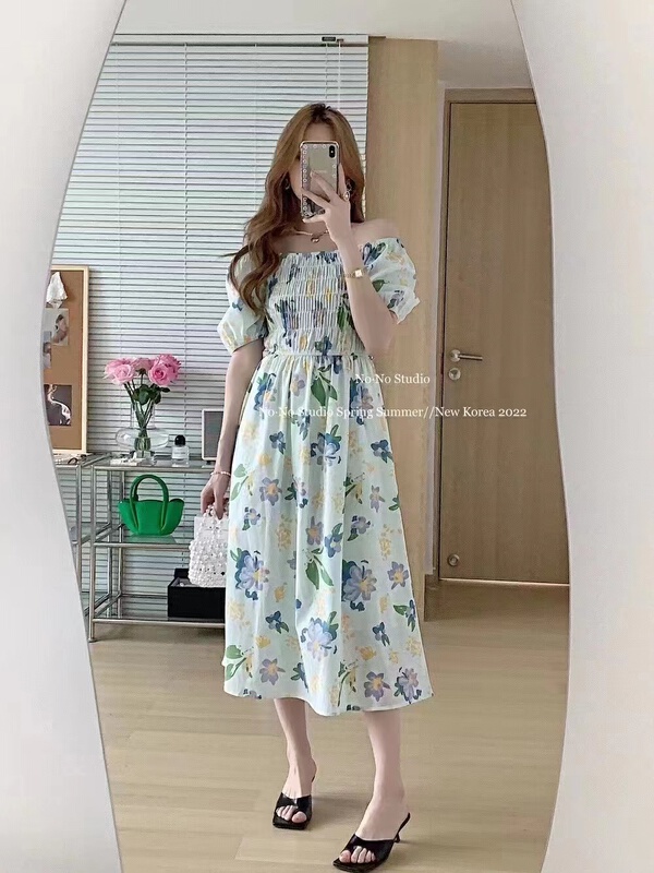 [thanku] Korean style square neck, bubble sleeve, printed, woven dress 202# zjy