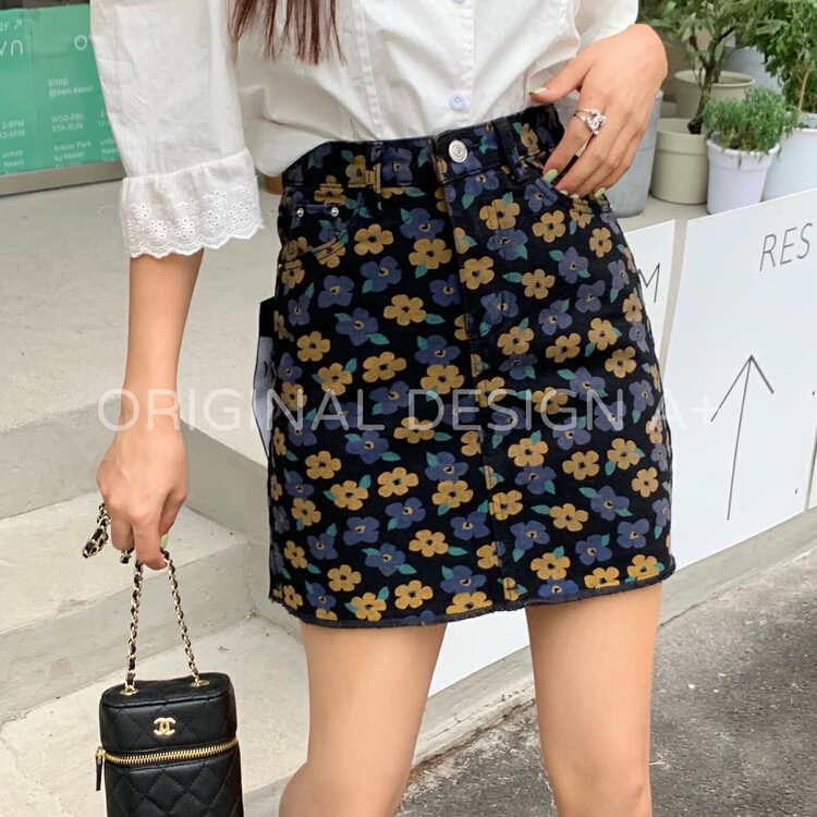 [a +] retro printed Korean A-line denim skirt m030# WPL