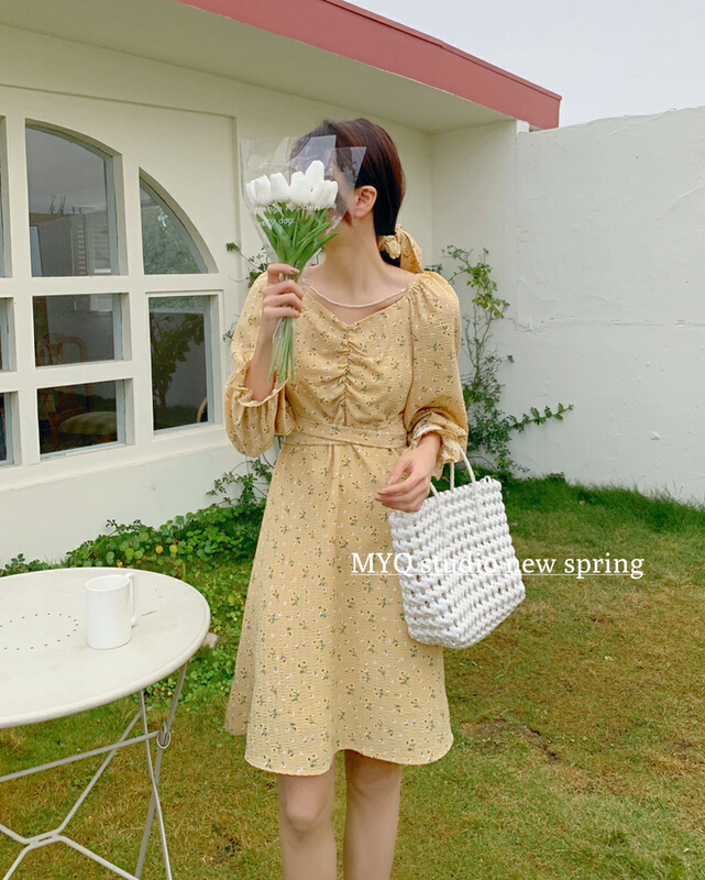 New year in early spring! [m.yqueen] small fresh floral slim dress (with hair circle and detachable neckline pearl) 8203# Cl
