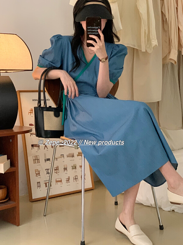 [Ze] V-neck color matching lady dress 8598# ll