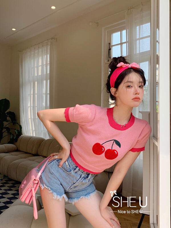 [she u] girl cherry short sleeved Knitted Blouse c50236# cqw
