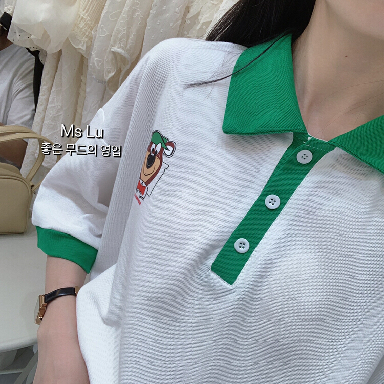 [Xiaoxiaojia] little bear front and back printed contrast collar polo shirt 80559# WTT