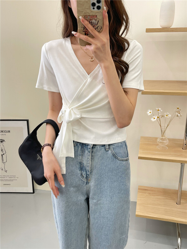 New year in early spring! [six plus] Korean V-neck personalized lace up blouse 8003# CLS